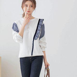 Striped-panel Frilled-trim Sweatshirt