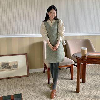 V-neck Wool Blend Pinafore Dress Green - One Size