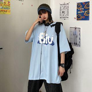 Short Sleeve Letter T-shirt Light Blue - One Size