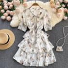 Lace-up Strap Bow Ruffle Floral Dress
