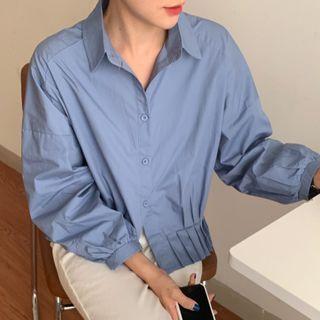 Pleated Panel Long-sleeved Blouse Grayish Blue - One Size