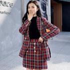 Set: Plaid Blazer + Double Breasted Mini Skirt