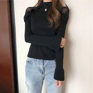 Mock Turtleneck Mesh Panel Knit Top