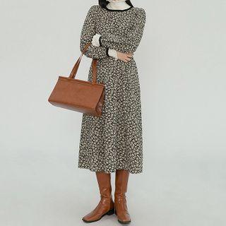 Floral Long-sleeve Midi-dress Black - One Size
