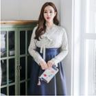 Modern Hanbok Set: Long-sleeve Top (floral) + Midi Skirt (navy Blue)