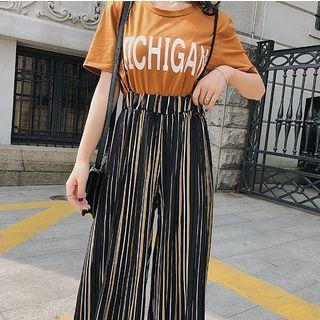 Set: Lettering Short Sleeve T-shirt + Striped Wide Leg Pants