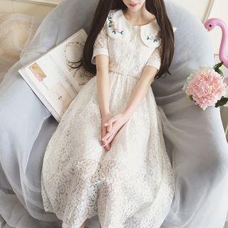 Floral Embroidered Collar Midi Lace Dress