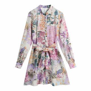 Floral Print Button-up Tie-waist A-line Dress