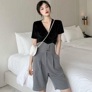 V-neck Short-sleeve Velvet Top / High-waist Shorts