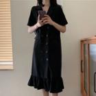 Short-sleeve Double Breasted Midi Mermaid Dress Black - One Size
