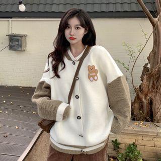 Two-tone Bear Embroidered Cardigan