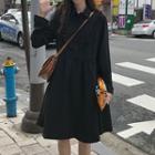 Long-sleeve Frill Trim A-line Shirt Dress Black - One Size