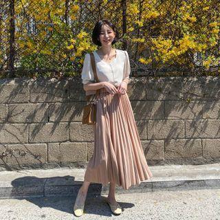 Belted Midi Accordion-pleat Skirt