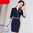 Set: Elbow-sleeve V-neck Sheath Dress + Brooch