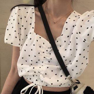 Short-sleeve Heart Printed Drawstring Blouse / High-waist Loose-fit Shorts