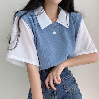 Elbow-sleeve Collar Two-tone T-shirt