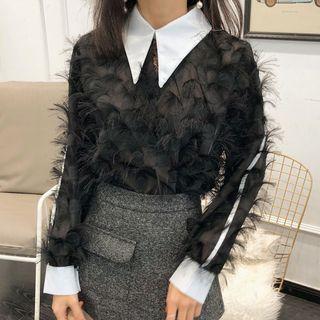 Long-sleeve Feather-accent Collared Top