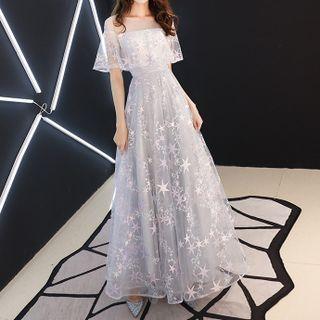 Short-sleeve Star Embroidered Sheath Evening Gown / Cocktail Dress