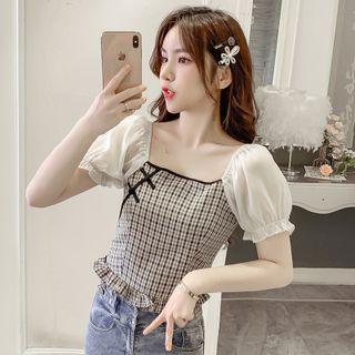 Short-sleeve Square Neck Plaid Panel Top
