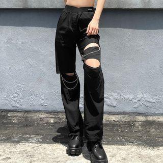 Distressed Chain Detail Straight Leg Pants