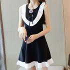 Set: Color Block Sleeveless Knit Top + A-line Skirt