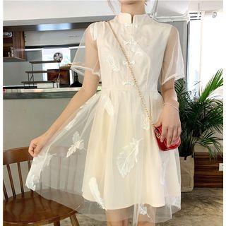Frog-button Embroidered Short-sleeve Mesh Dress As Shown In Figure - One Size