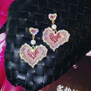 Faux Pearl Rhinestone Heart Dangle Earring 1 Pair - Pink - One Size