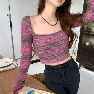 Long-sleeve Square-neck Striped Cropped Knit Top Purple - One Size