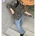 Short-sleeve Leopard Print T-shirt Grayish Green - One Size