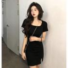Short-sleeve Square-neck Bodycon Dress Black - One Size