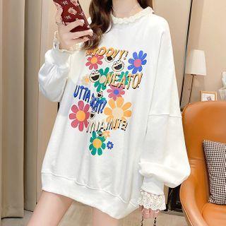 Lace Panel Mock Two-piece Print Sweatshirt