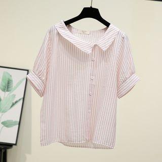 Elbow-sleeve Striped Asymmetric Buttoned Top