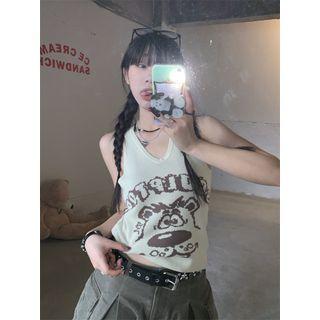Cartoon Print Knit Tank Top Beige - One Size