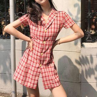 Plaid Notch Lapel Short-sleeve Mini A-line Dress