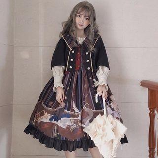 Cape / Long-sleeve Blouse / Sleeveless Print A-line Dress / Set