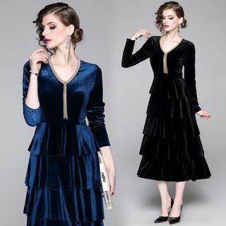 Long-sleeve Velvet Midi Tiered Dress