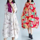 Long-sleeve Floral Print Qipao Midi Dress