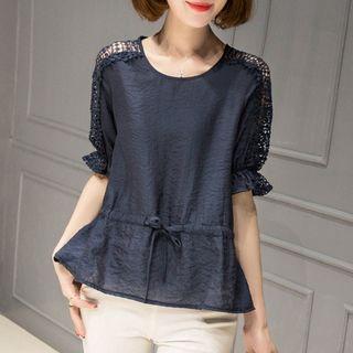 Crochet Panel Short-sleeve Drawstring Top