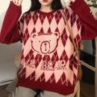Bear Print Argyle Sweater Red - One Size