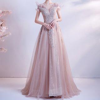 Sequined Ruffle Trim Mesh A-line Evening Gown