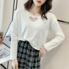 Long-sleeve Round-neck Plain Cutout T-shirt