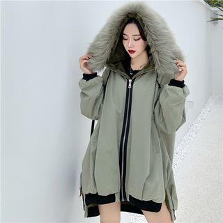 Faux Fur-trim Hooded Zip Coat