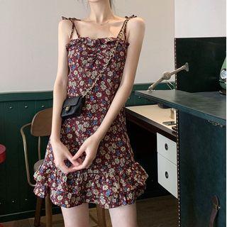Spaghetti Strap Floral Mini A-line Dress Red - One Size