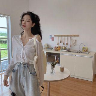 Long-sleeve Cold-shoulder Button-up Top