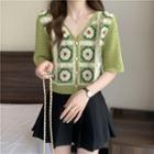 Short-sleeve V-neck Floral Embroidered Cardigan