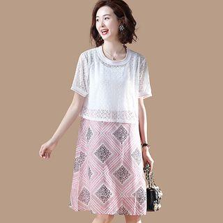 Set: Short-sleeve Lace Top + Sleeveless Print Dress