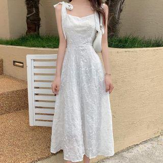 Sleeveless Lace-up Embroidered Floral Lace Dress / Long-sleeve Sheer Shirt
