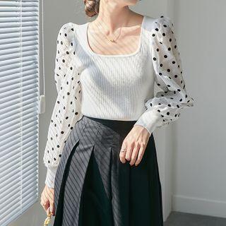 Lantern-sleeve Dotted Panel Knit Top