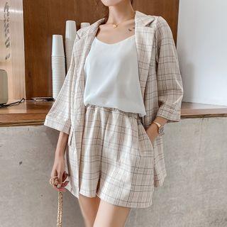 Set: Plaid 3/4-sleeve Single-breasted Blazer + Wide-leg Shorts