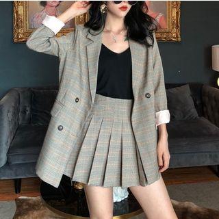 Plaid Double-breasted Blazer / Cropped Dress Pants / Plaid Pleated Skirt